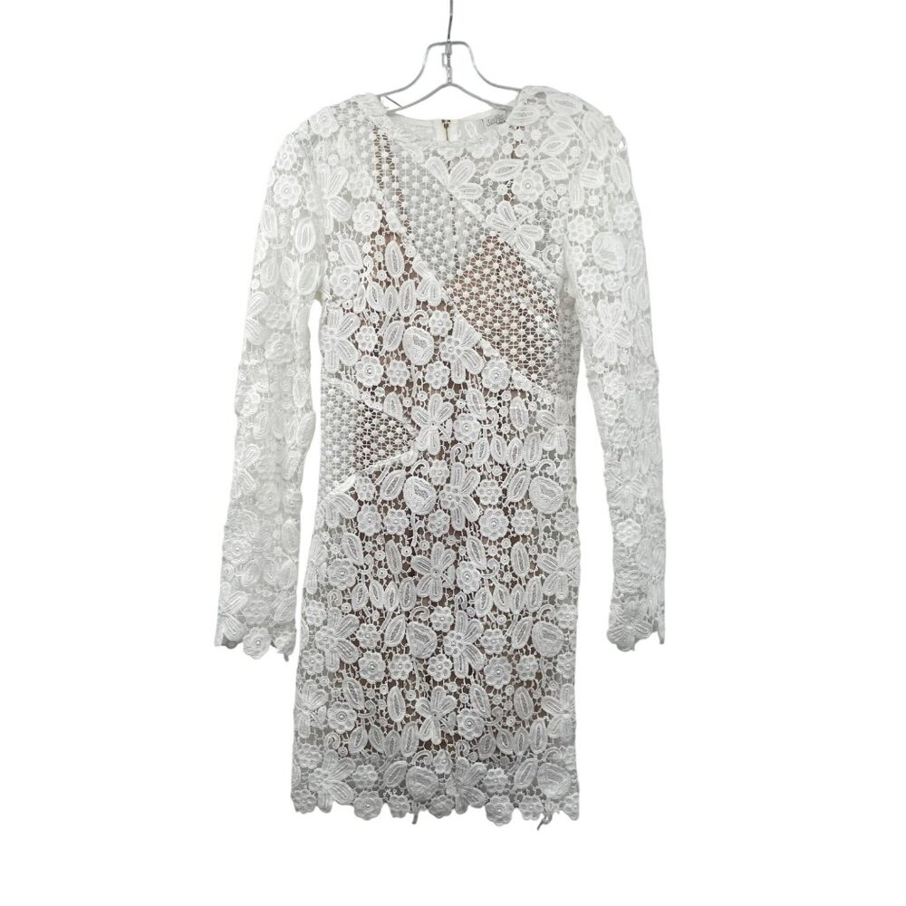Selfie Leslie Two Piece Sheath Dress Lace Overlay Long Sleeve White/Nude M